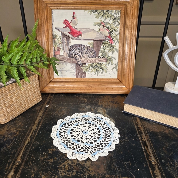 Vintage Blue & White Crocheted Doily | Handmade Cottagecore Lace Table Mat 6" - Picture 4 of 7